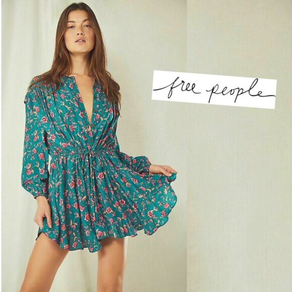 Free People Anthropologie Small Mini Long Sleeve Flower Fields Emerald Dress